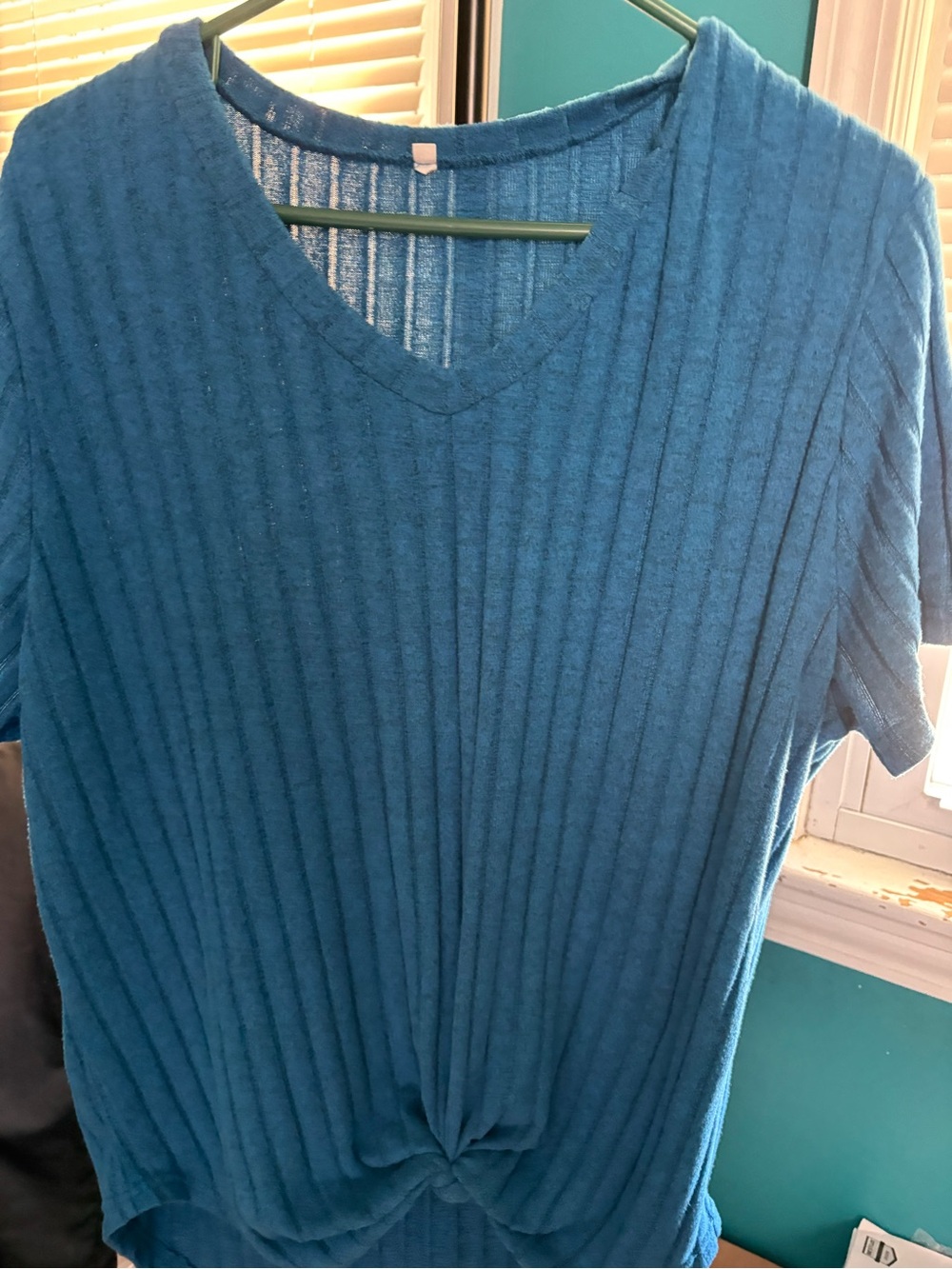 Women's Ribbed V-Neck Knot Front Tee in Teal Blue